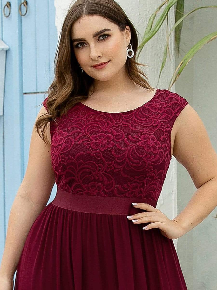 Color=Burgundy | Classic Round Neck V Back A-Line Chiffon Bridesmaid Dresses With Lace-Burgundy3