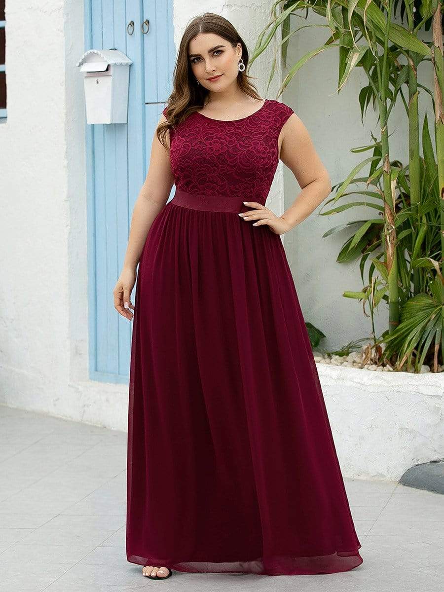 Color=Burgundy | Classic Round Neck V Back A-Line Chiffon Bridesmaid Dresses With Lace-Burgundy1