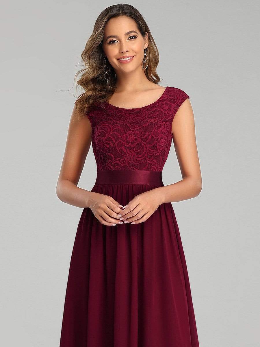 Color=Burgundy | Classic Round Neck V Back A-Line Chiffon Bridesmaid Dresses With Lace-Burgundy3