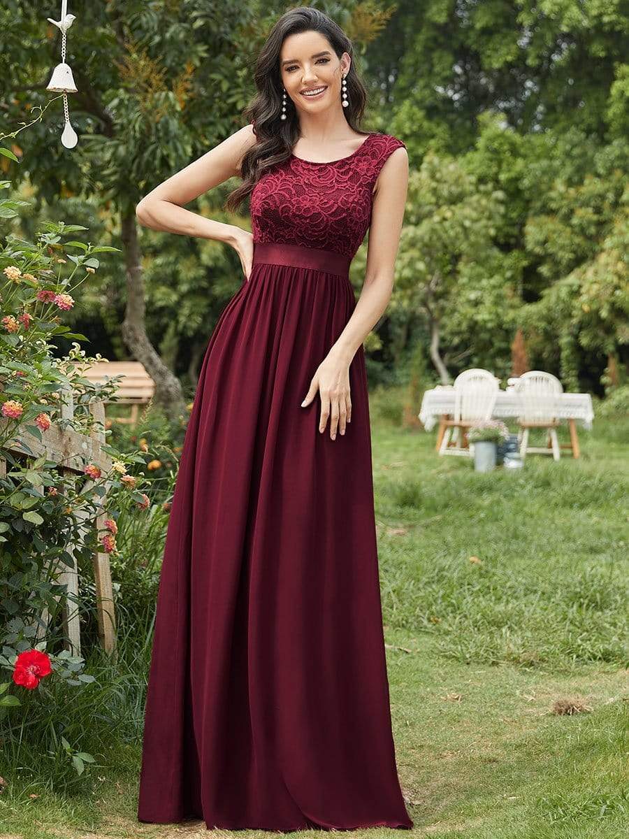 Color=Burgundy | Classic Round Neck V Back A-Line Chiffon Bridesmaid Dresses With Lace-Burgundy5