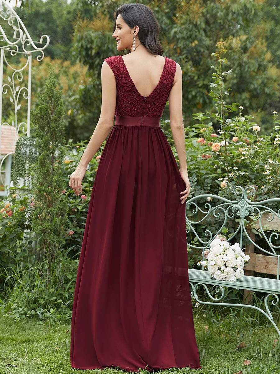 Color=Burgundy | Classic Round Neck V Back A-Line Chiffon Bridesmaid Dresses With Lace-Burgundy2