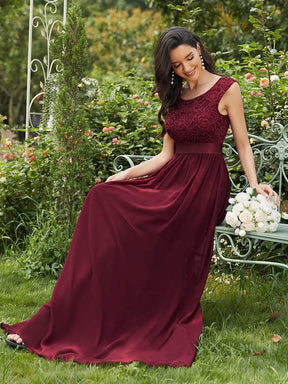 Color=Burgundy | Classic Round Neck V Back A-Line Chiffon Bridesmaid Dresses With Lace-Burgundy4