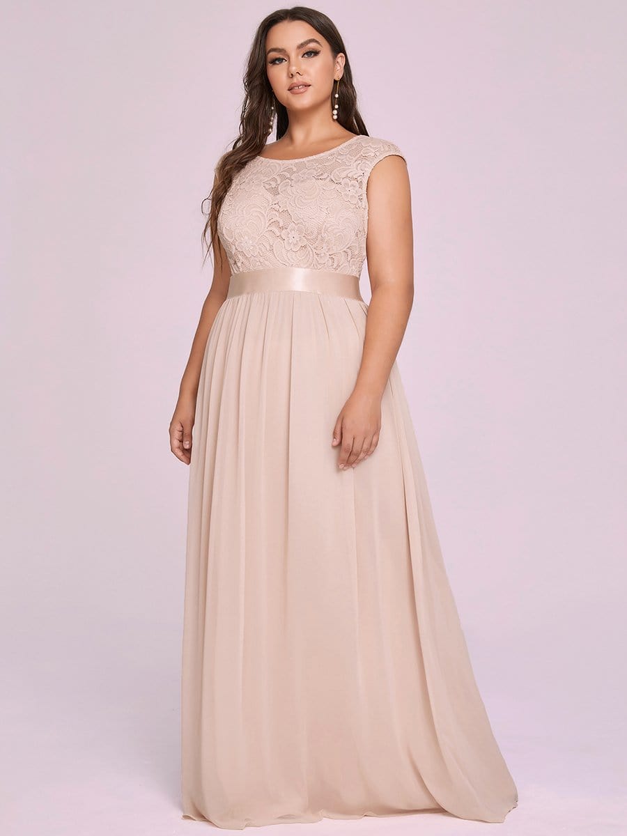 Color=Blush | Classic Round Neck V Back A-Line Chiffon Bridesmaid Dresses With Lace-Blush 3