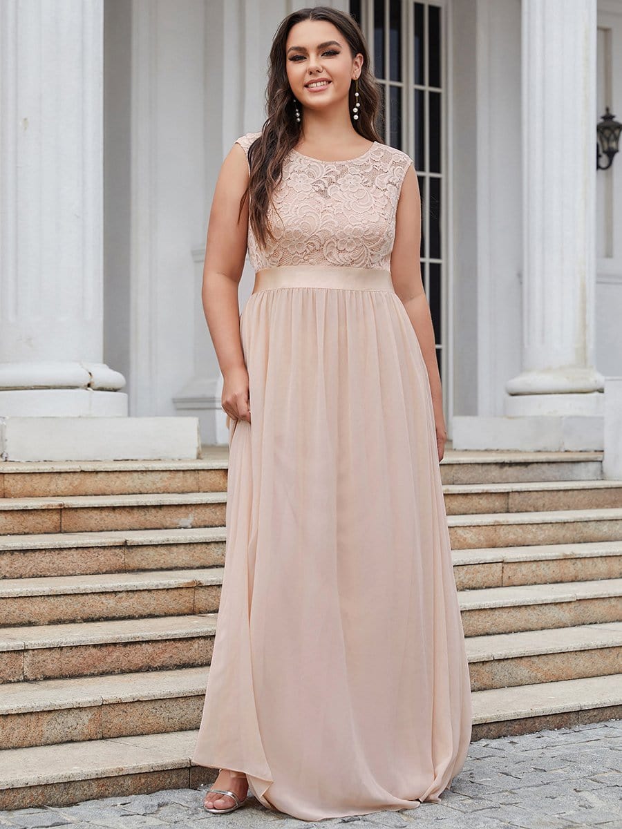 Color=Blush | Classic Round Neck V Back A-Line Chiffon Bridesmaid Dresses With Lace-Blush 5