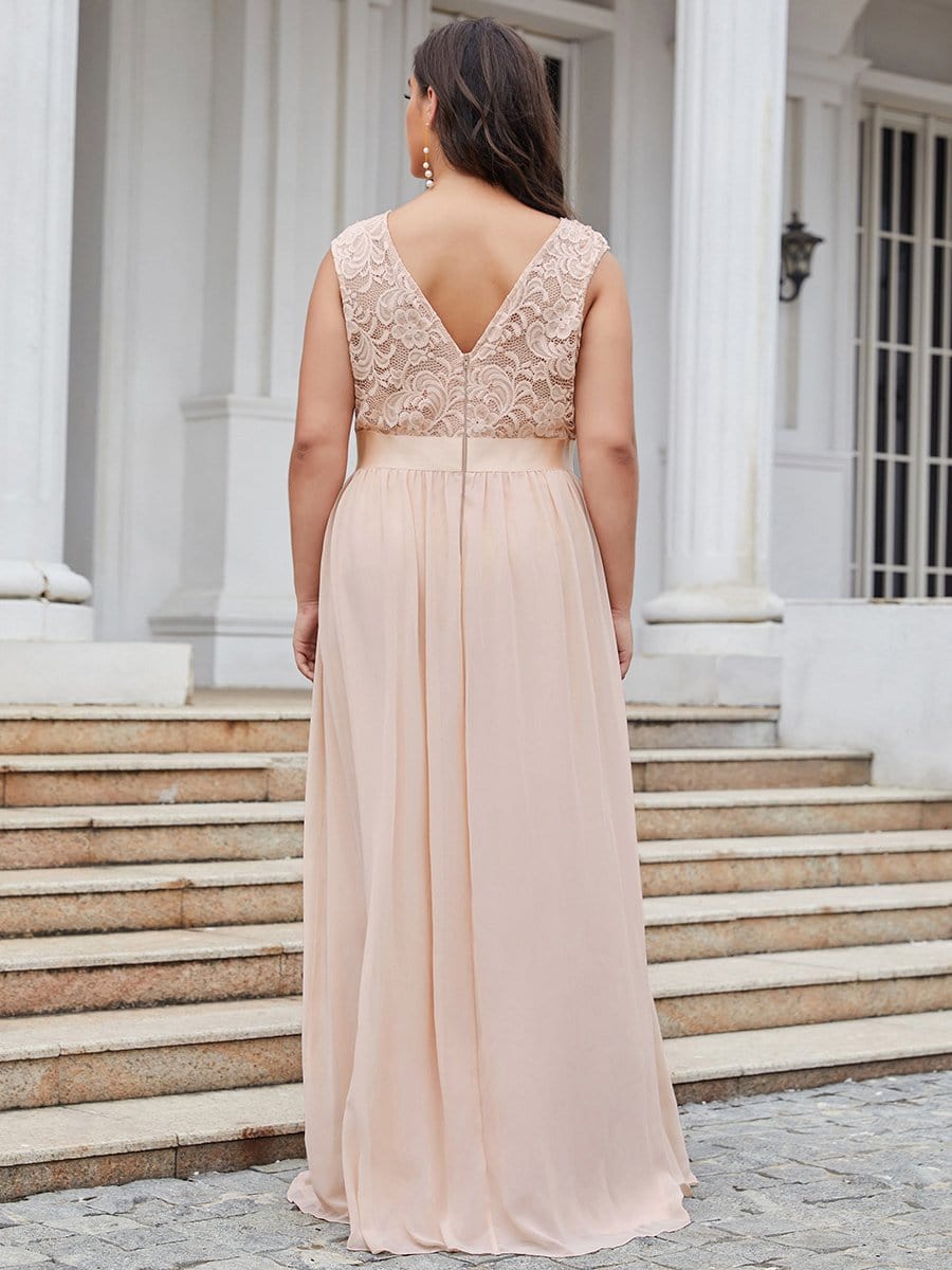 Color=Blush | Classic Round Neck V Back A-Line Chiffon Bridesmaid Dresses With Lace-Blush 2