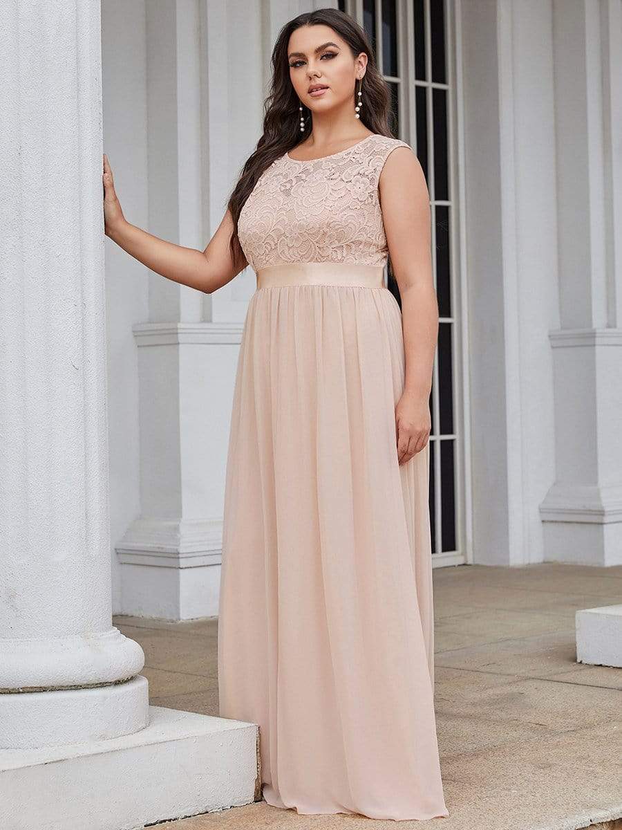 Color=Blush | Classic Round Neck V Back A-Line Chiffon Bridesmaid Dresses With Lace-Blush 6