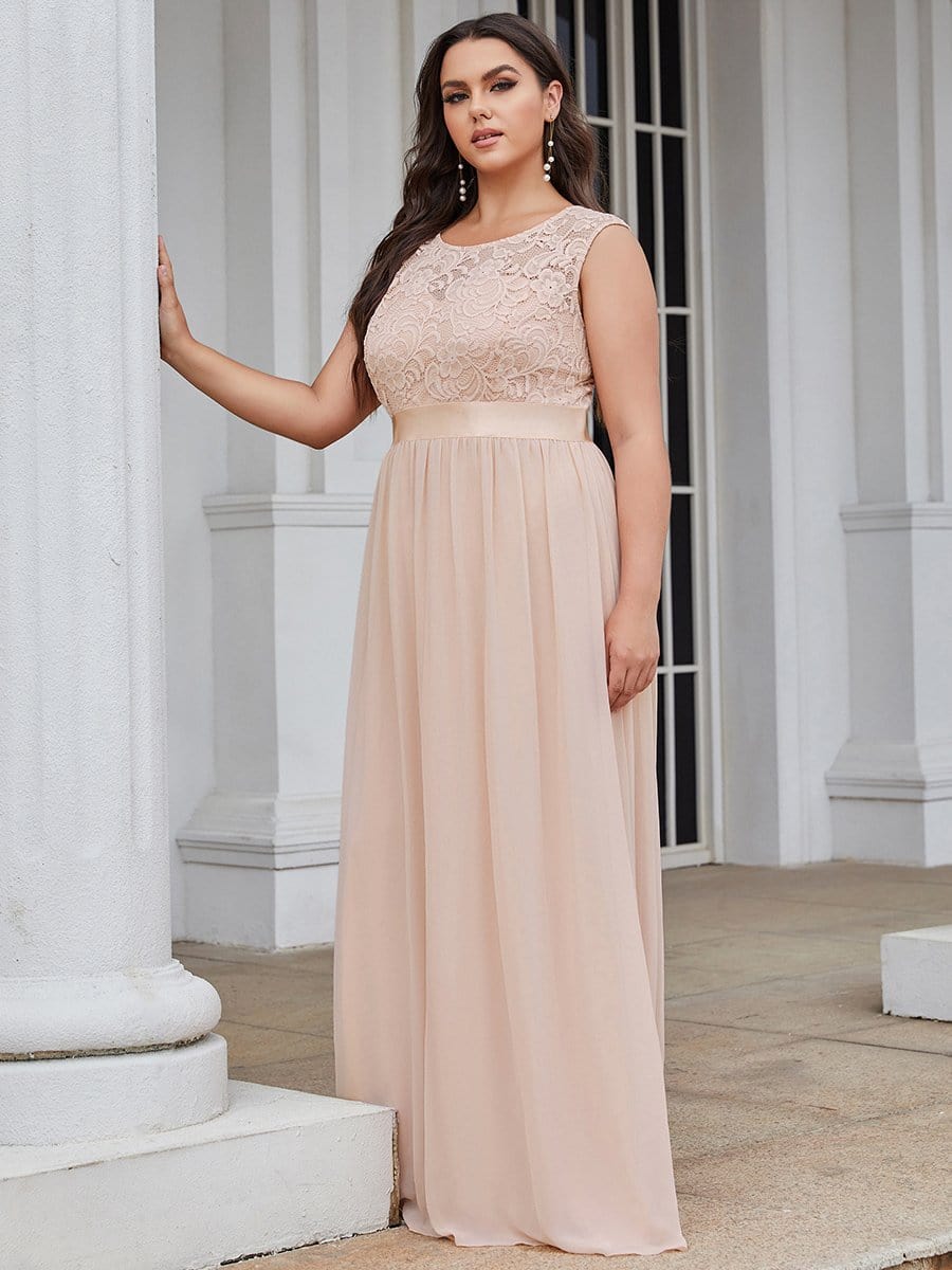 Color=Blush | Classic Round Neck V Back A-Line Chiffon Bridesmaid Dresses With Lace-Blush 1