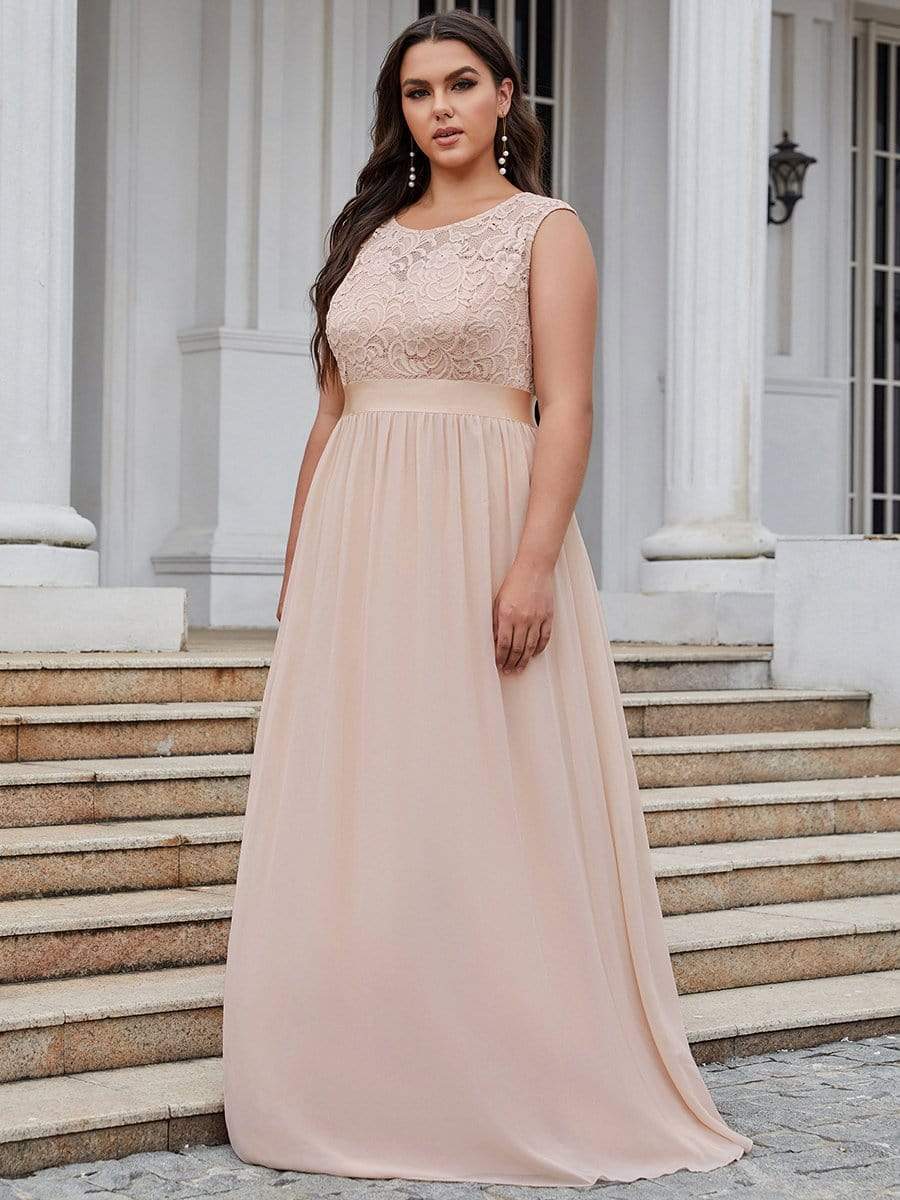 Color=Blush | Classic Round Neck V Back A-Line Chiffon Bridesmaid Dresses With Lace-Blush 7