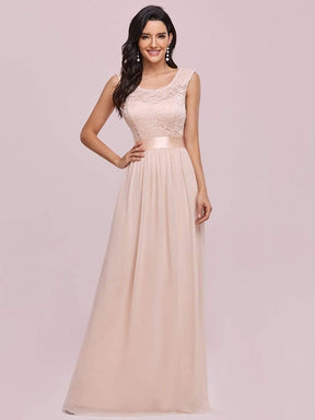 Color=Blush | Classic Round Neck V Back A-Line Chiffon Bridesmaid Dresses With Lace-Blush 4