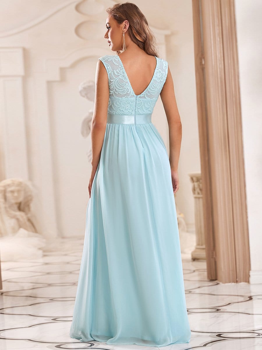 Color=Sky Blue | Classic Round Neck V Back A-Line Chiffon Bridesmaid Dresses With Lace-Sky Blue 2