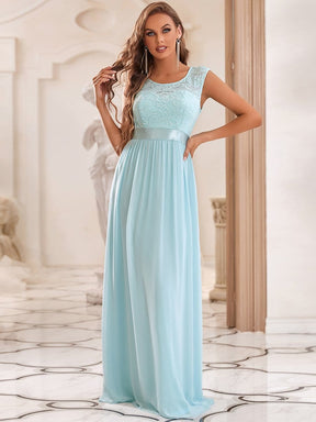 Color=Sky Blue | Classic Round Neck V Back A-Line Chiffon Bridesmaid Dresses With Lace-Sky Blue 5