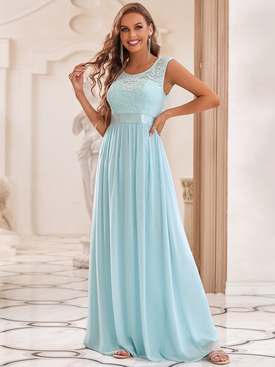 Color=Sky Blue | Classic Round Neck V Back A-Line Chiffon Bridesmaid Dresses With Lace-Sky Blue 3