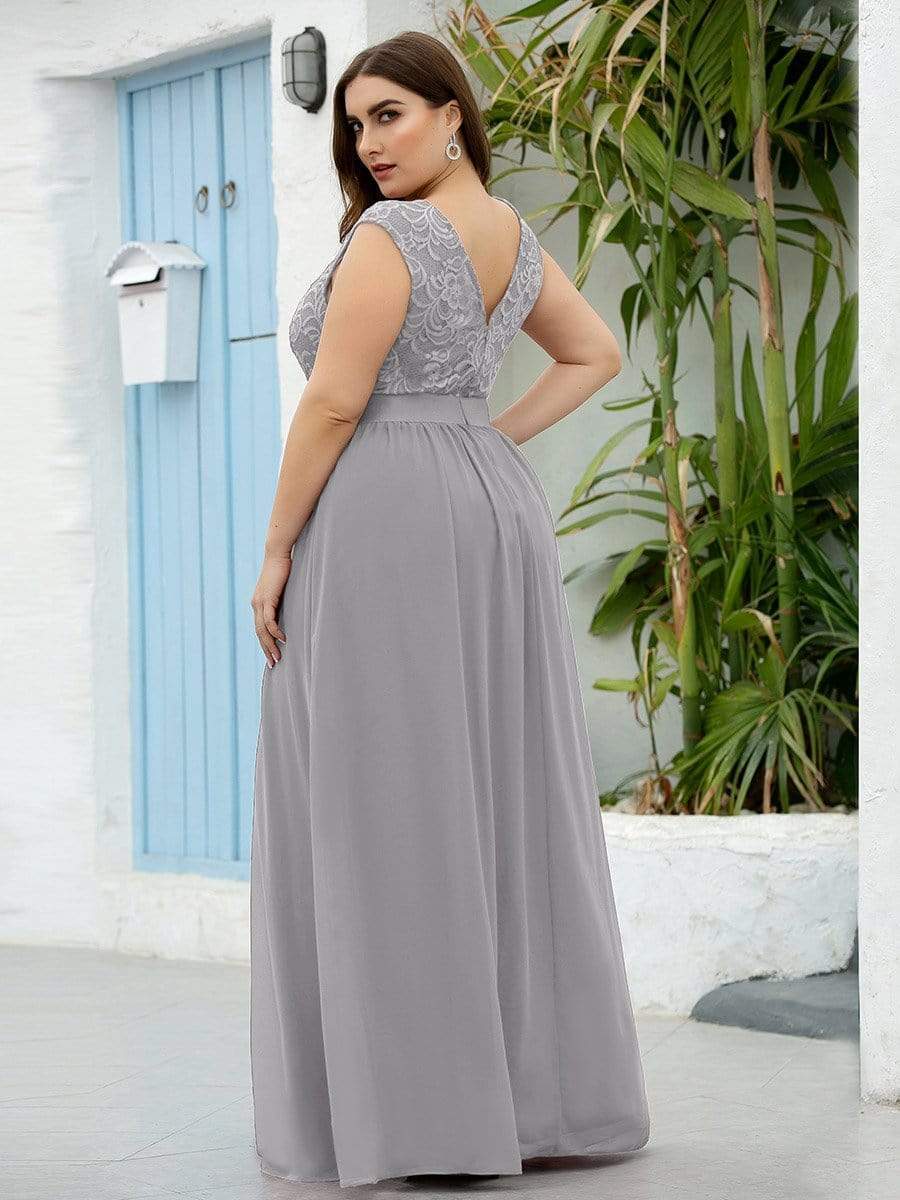 Color=Grey | Classic Round Neck V Back A-Line Chiffon Bridesmaid Dresses With Lace-Grey 2