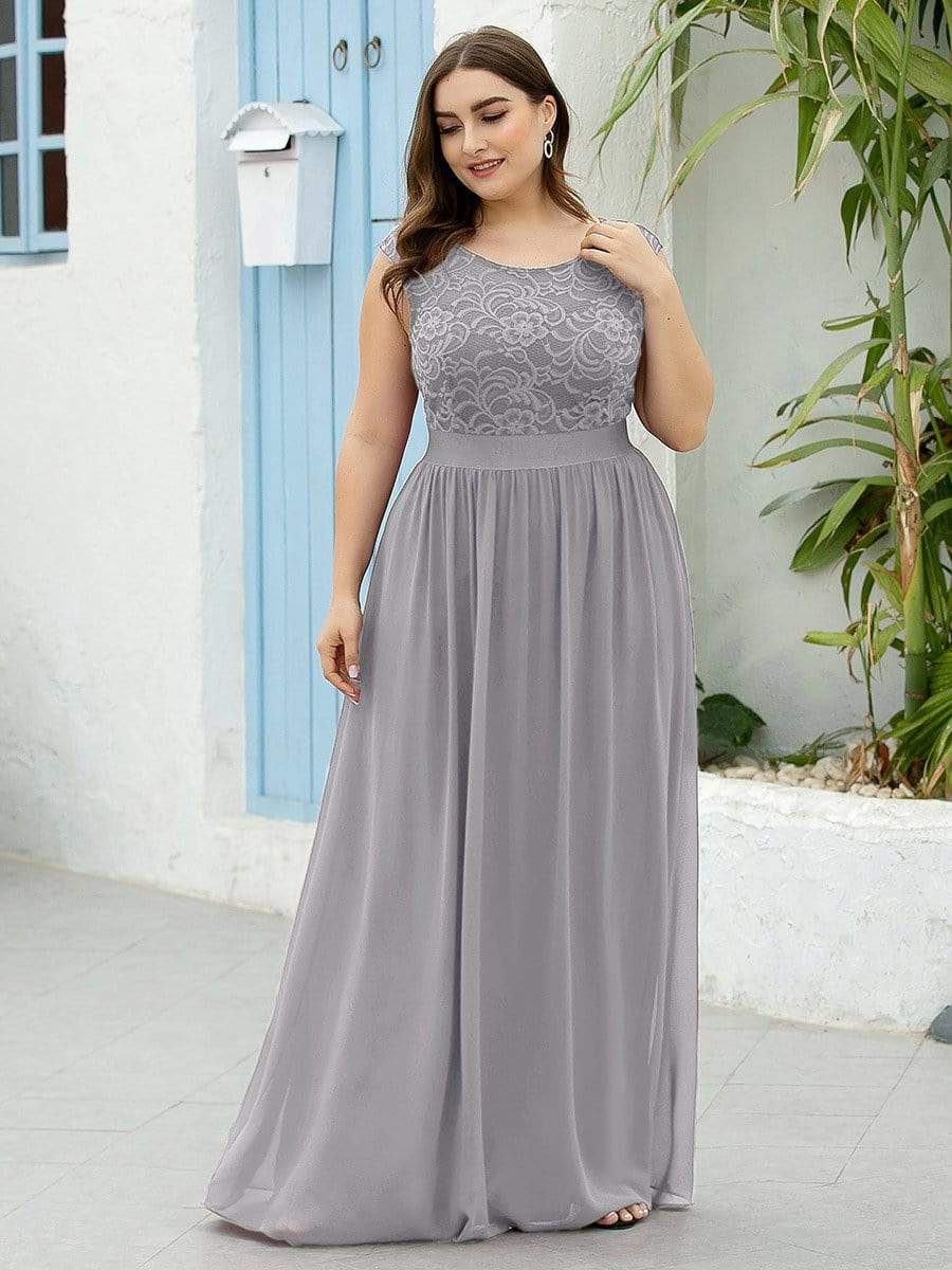 Color=Grey | Classic Round Neck V Back A-Line Chiffon Bridesmaid Dresses With Lace-Grey 5