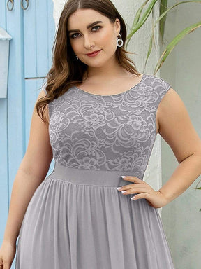 Color=Grey | Classic Round Neck V Back A-Line Chiffon Bridesmaid Dresses With Lace-Grey 3