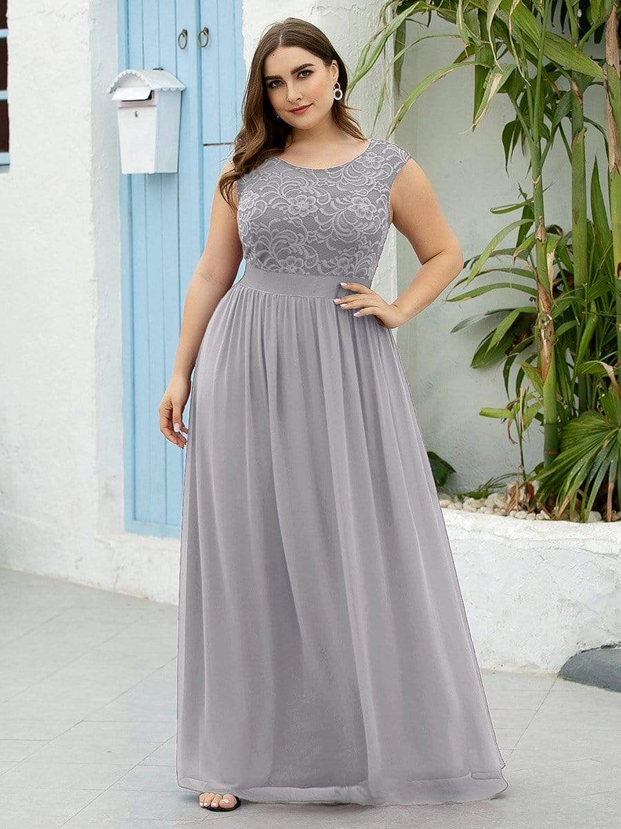 Color=Grey | Classic Round Neck V Back A-Line Chiffon Bridesmaid Dresses With Lace-Grey 1