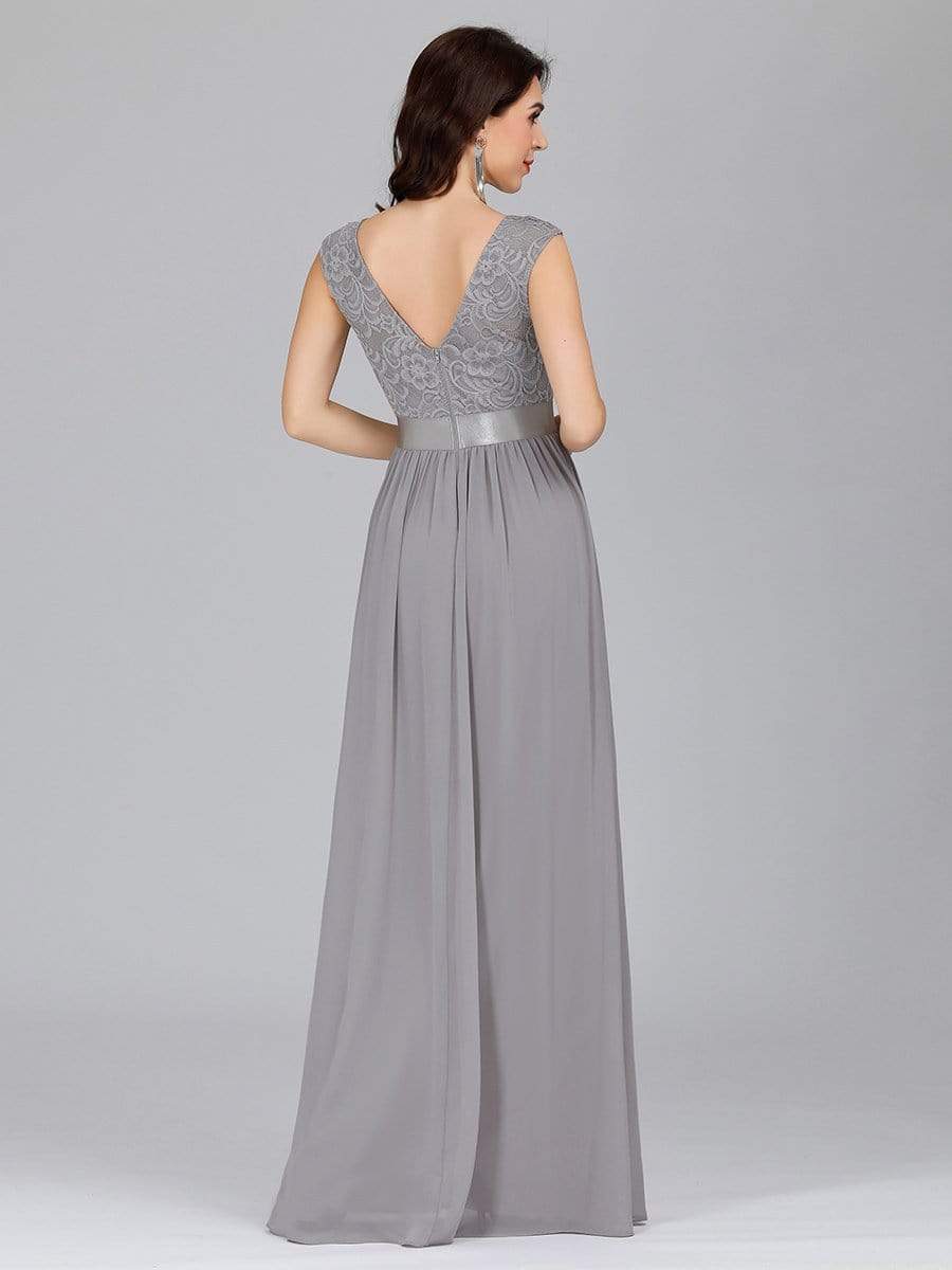 Color=Grey | Classic Round Neck V Back A-Line Chiffon Bridesmaid Dresses With Lace-Grey 2