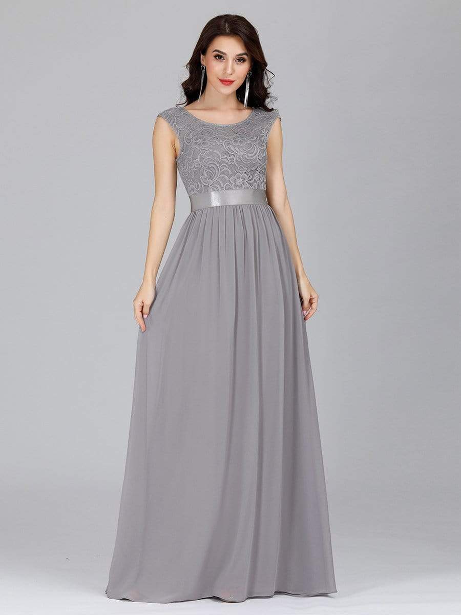 Color=Grey | Classic Round Neck V Back A-Line Chiffon Bridesmaid Dresses With Lace-Grey 1