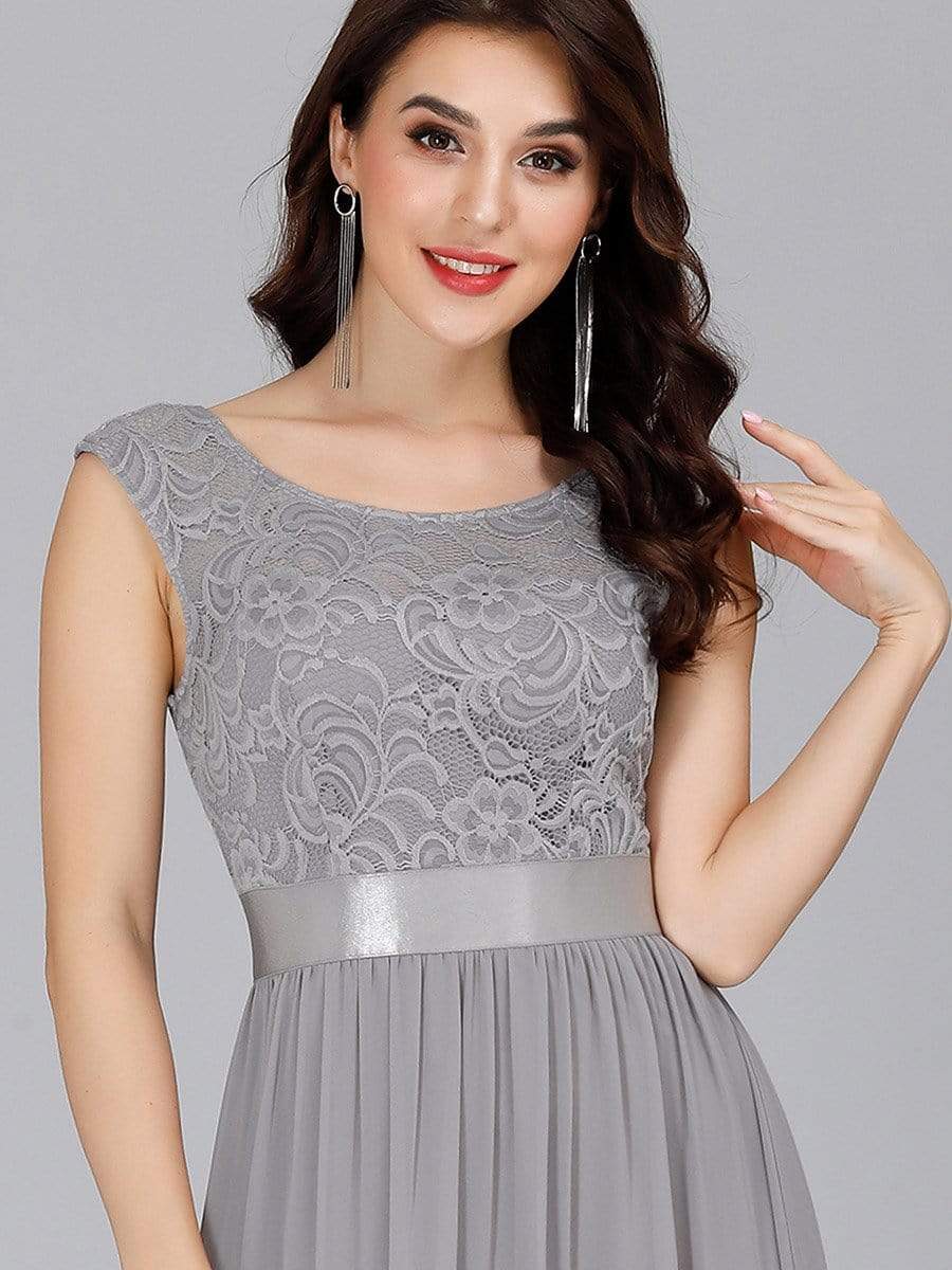 Color=Grey | Classic Round Neck V Back A-Line Chiffon Bridesmaid Dresses With Lace-Grey 3