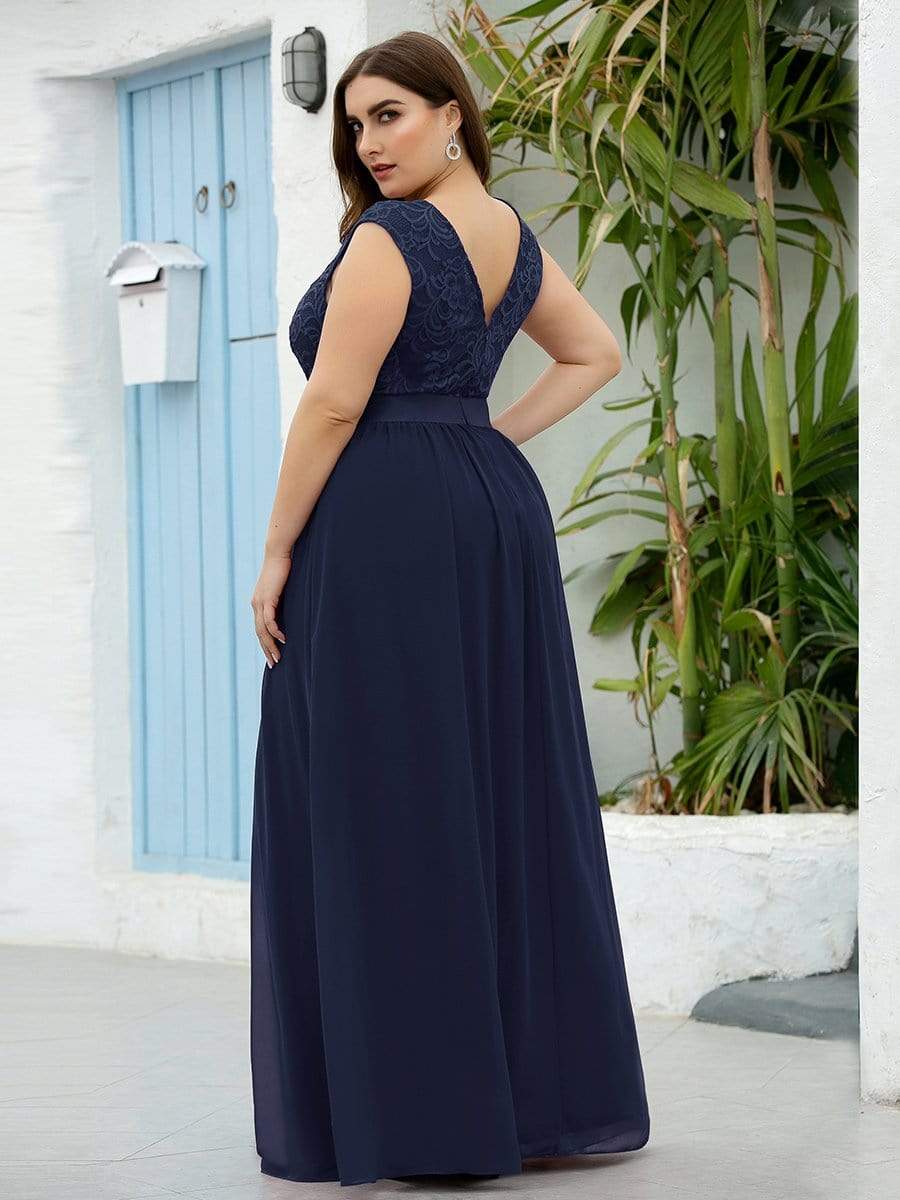 Color=Navy Blue | Classic Round Neck V Back A-Line Chiffon Bridesmaid Dresses With Lace-Navy Blue 2
