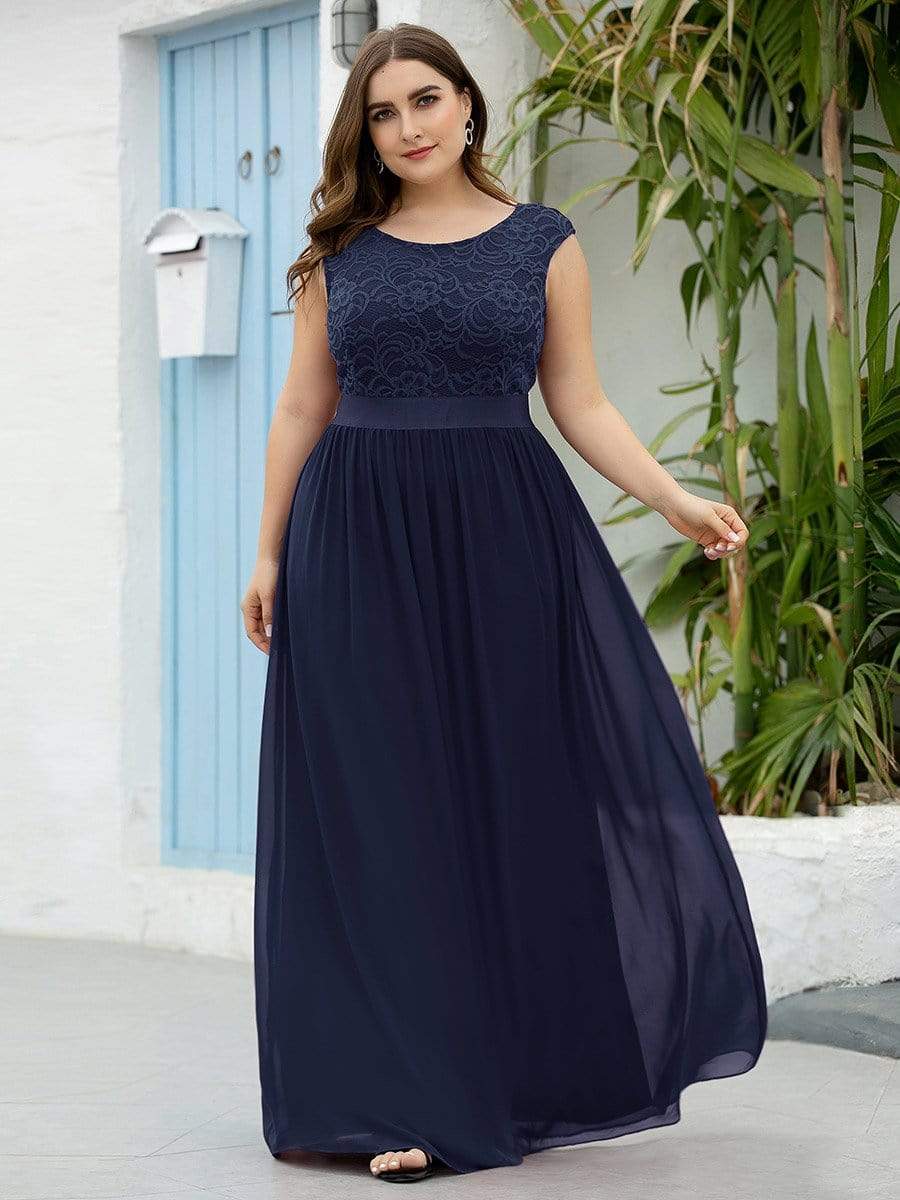 Color=Navy Blue | Classic Round Neck V Back A-Line Chiffon Bridesmaid Dresses With Lace-Navy Blue 5