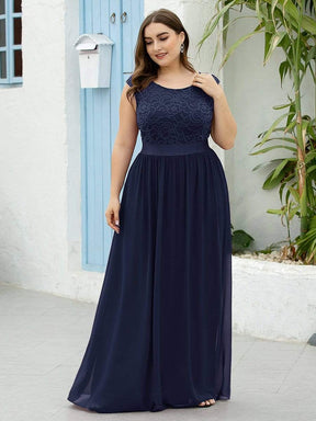 Color=Navy Blue | Classic Round Neck V Back A-Line Chiffon Bridesmaid Dresses With Lace-Navy Blue 4