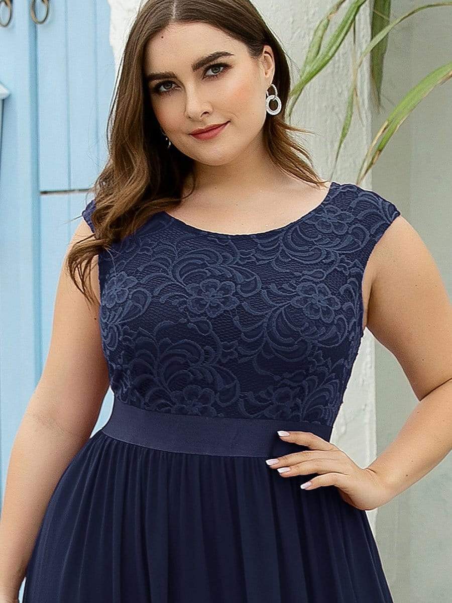 Color=Navy Blue | Classic Round Neck V Back A-Line Chiffon Bridesmaid Dresses With Lace-Navy Blue 3