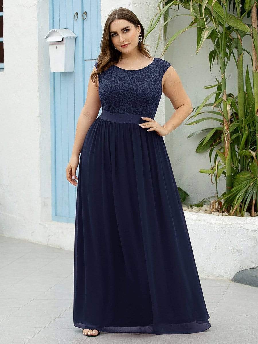 Color=Navy Blue | Classic Round Neck V Back A-Line Chiffon Bridesmaid Dresses With Lace-Navy Blue 1