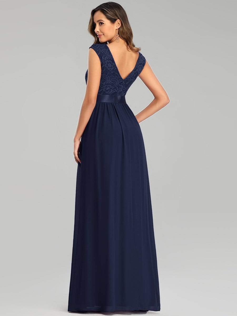Color=Navy Blue | Classic Round Neck V Back A-Line Chiffon Bridesmaid Dresses With Lace-Navy Blue 5