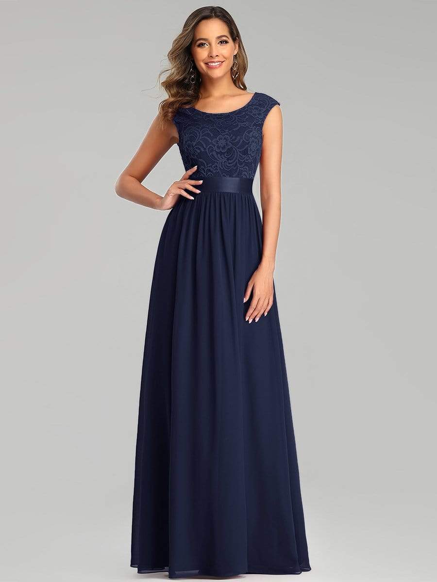 Color=Navy Blue | Classic Round Neck V Back A-Line Chiffon Bridesmaid Dresses With Lace-Navy Blue 4