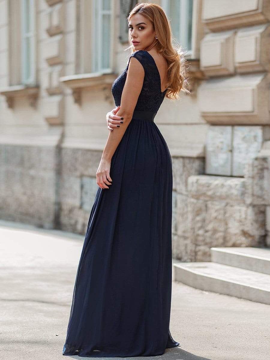 Color=Navy Blue | Classic Round Neck V Back A-Line Chiffon Bridesmaid Dresses With Lace-Navy Blue 2