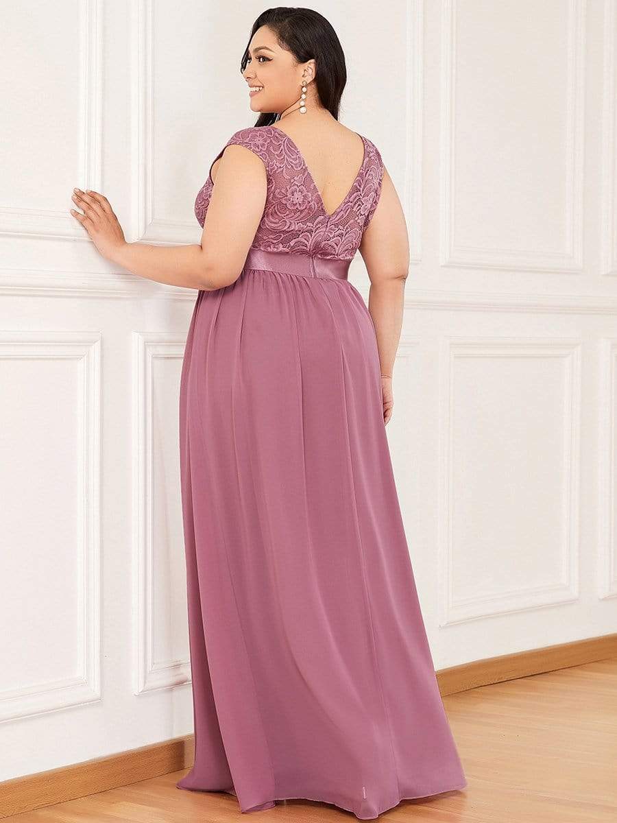 Color=Purple Orchid | Classic Round Neck V Back A-Line Chiffon Bridesmaid Dresses With Lace-Purple Orchid 2