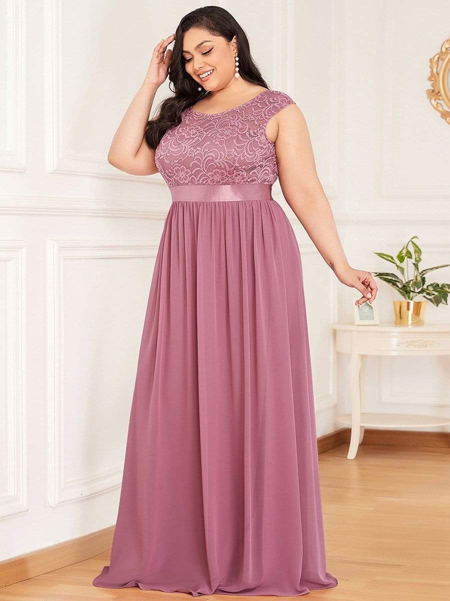 Color=Purple Orchid | Classic Round Neck V Back A-Line Chiffon Bridesmaid Dresses With Lace-Purple Orchid 4