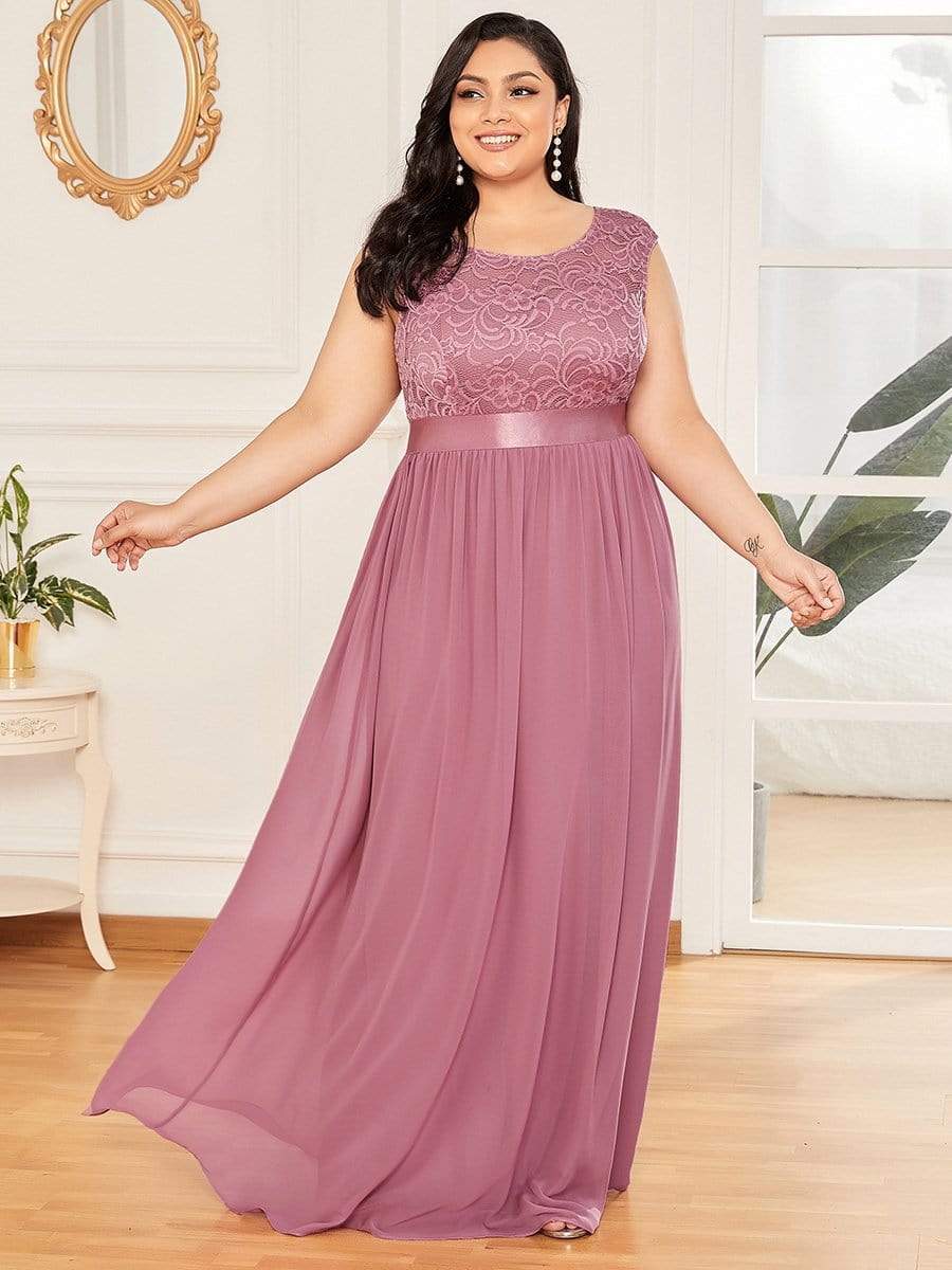 Color=Purple Orchid | Classic Round Neck V Back A-Line Chiffon Bridesmaid Dresses With Lace-Purple Orchid 5