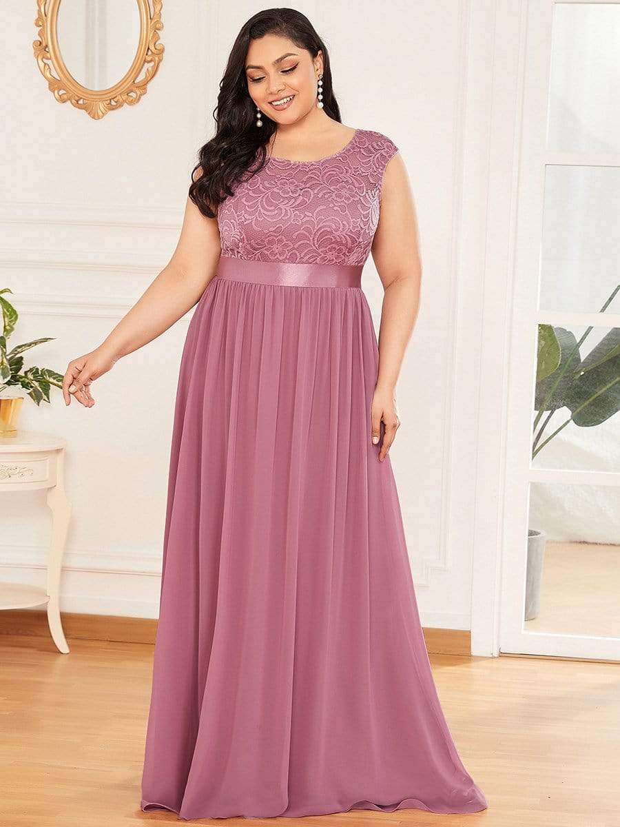 Color=Purple Orchid | Classic Round Neck V Back A-Line Chiffon Bridesmaid Dresses With Lace-Purple Orchid 1