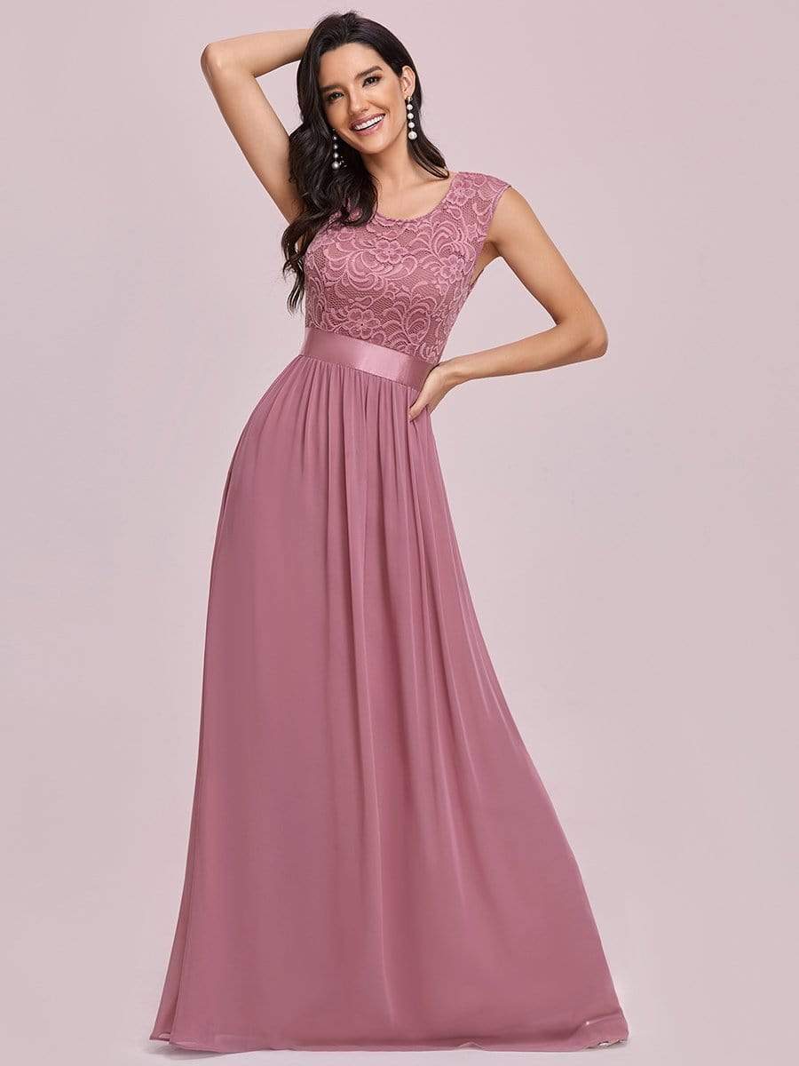 Color=Purple Orchid | Classic Round Neck V Back A-Line Chiffon Bridesmaid Dresses With Lace-Purple Orchid 4