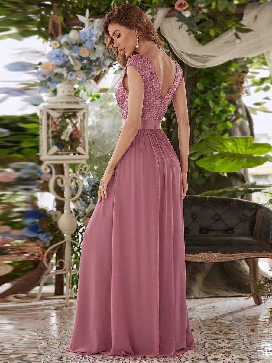 Color=Purple Orchid | Classic Round Neck V Back A-Line Chiffon Bridesmaid Dresses With Lace-Purple Orchid 2