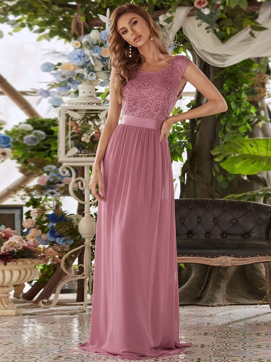 Color=Purple Orchid | Classic Round Neck V Back A-Line Chiffon Bridesmaid Dresses With Lace-Purple Orchid 6