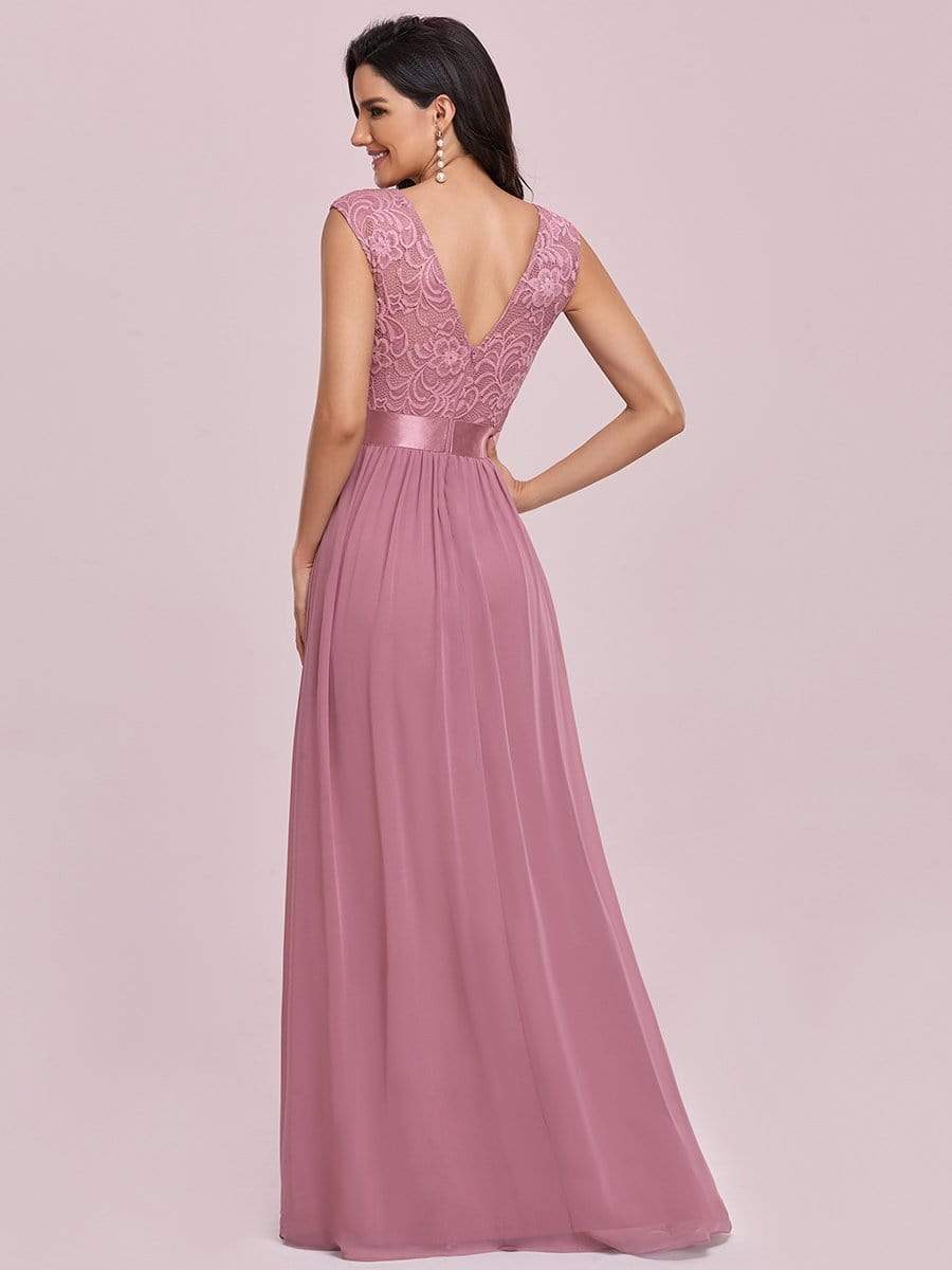 Color=Purple Orchid | Classic Round Neck V Back A-Line Chiffon Bridesmaid Dresses With Lace-Purple Orchid 5