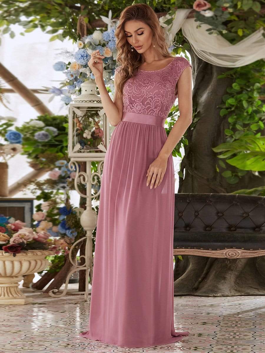 Color=Purple Orchid | Classic Round Neck V Back A-Line Chiffon Bridesmaid Dresses With Lace-Purple Orchid 1