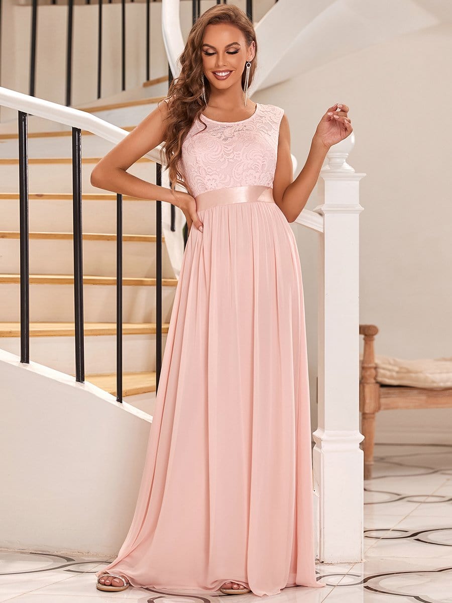 Color=Pink | Classic Round Neck V Back A-Line Chiffon Bridesmaid Dresses With Lace-Pink 1