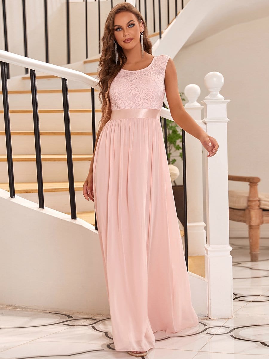 Color=Pink | Classic Round Neck V Back A-Line Chiffon Bridesmaid Dresses With Lace-Pink 3