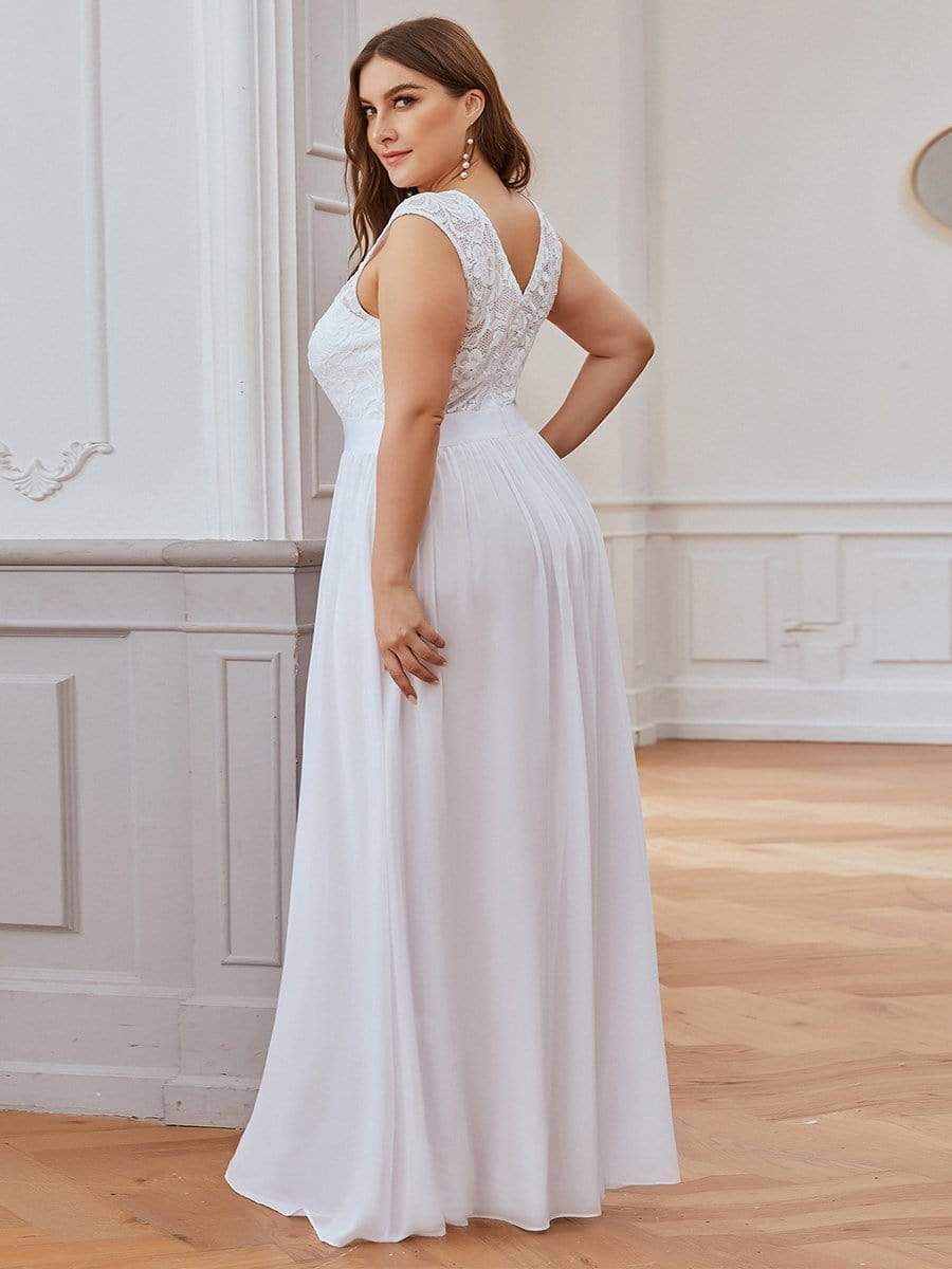 Color=White | Classic Round Neck V Back A-Line Chiffon Bridesmaid Dresses With Lace-White 2