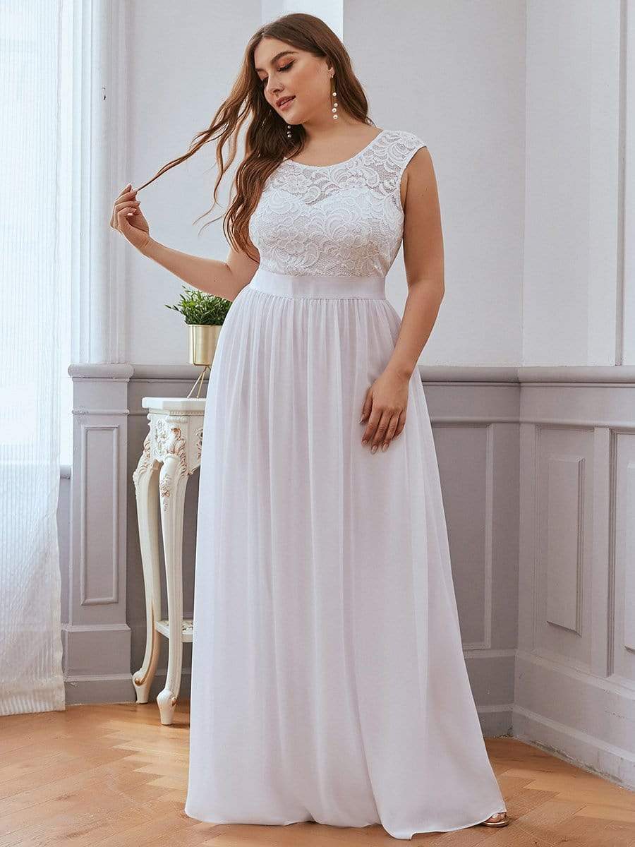 Color=White | Classic Round Neck V Back A-Line Chiffon Bridesmaid Dresses With Lace-White 4