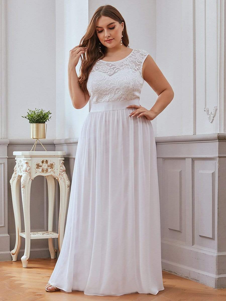 Color=White | Classic Round Neck V Back A-Line Chiffon Bridesmaid Dresses With Lace-White 5