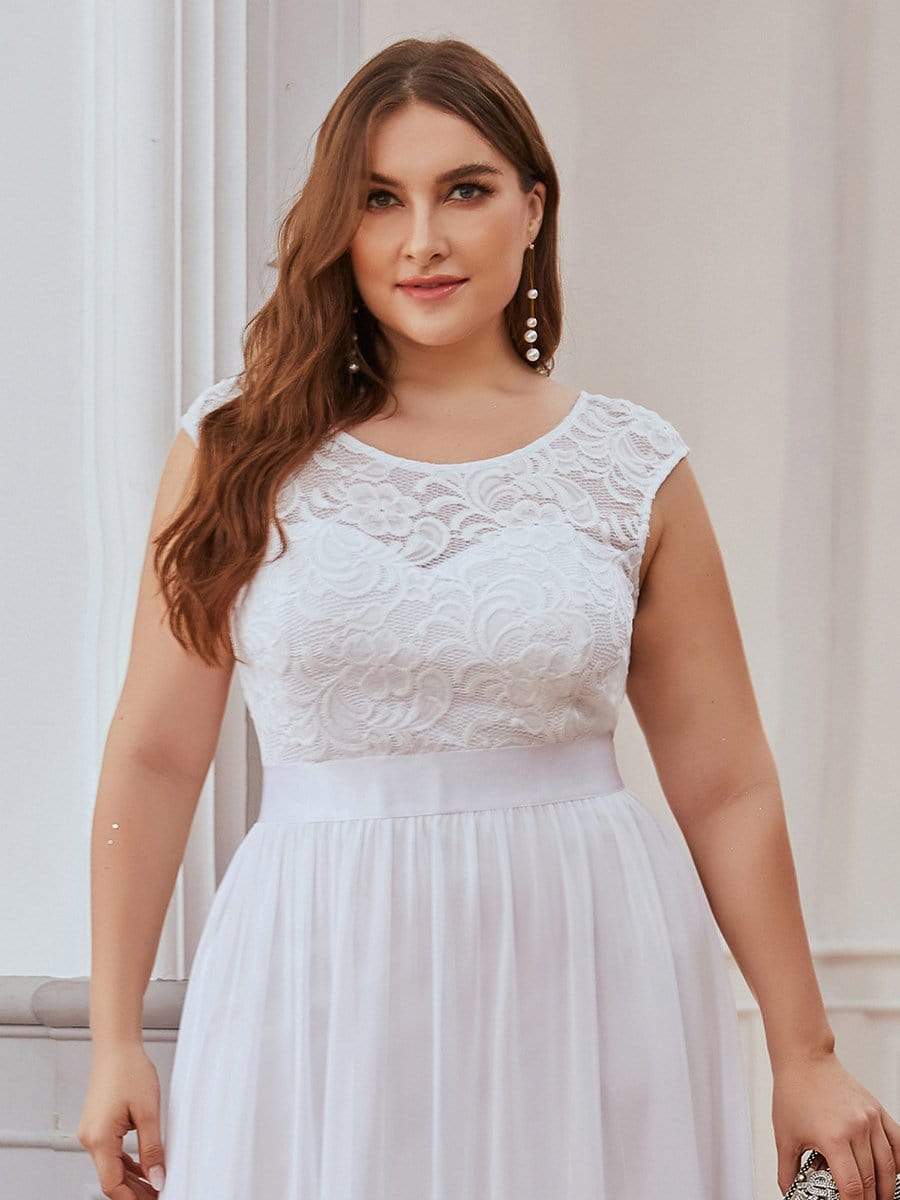 Color=White | Classic Round Neck V Back A-Line Chiffon Bridesmaid Dresses With Lace-White 3