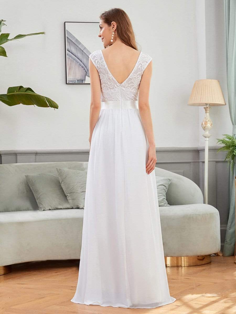 Color=White | Classic Round Neck V Back A-Line Chiffon Bridesmaid Dresses With Lace-White 2