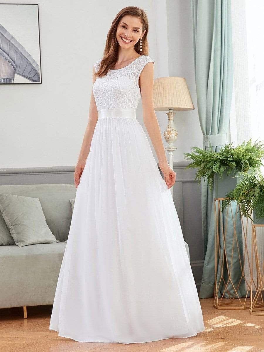 Color=White | Classic Round Neck V Back A-Line Chiffon Bridesmaid Dresses With Lace-White 1