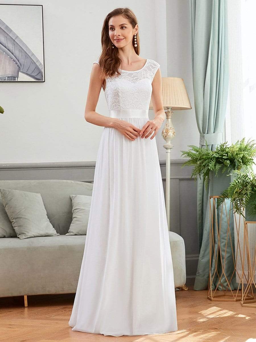 Color=White | Classic Round Neck V Back A-Line Chiffon Bridesmaid Dresses With Lace-White 4