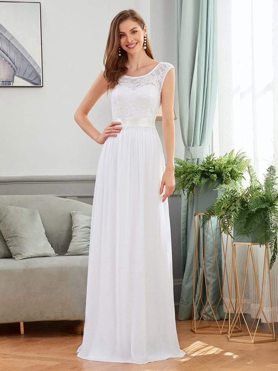 Color=White | Classic Round Neck V Back A-Line Chiffon Bridesmaid Dresses With Lace-White 5